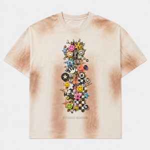 Camiseta de algodón 300GSM personalizada con lavado vertical efecto barro, corte oversize y holgado, estampado gráfico cruzado multicolor, estilo streetwear para hombre - Product Image 1