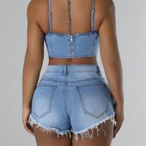 Conjunto de Dos Piezas de Mezclilla Sexy para Mujer, Top Corto con Tirantes Finos y Pantalones Cortos con Estampado Y2K Lavado, para Verano, Estilo Casual - Product Image 6