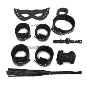 7 piezas de cuero de felpa cama del sexo bondage kit de látigo paleta vendas suave collar de tobillo y esposas con mordaza para las parejas