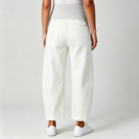 Celana Jeans Hamil Wanita Warna Putih Krem Model Barrel Crop Over Belly Bahan Denim Stretch Gaya Kasual untuk Sehari-hari