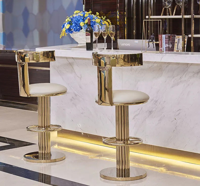 מודרני מוברש זהב גבוהה בחזרה יוקרה נירוסטה מסתובב בר שרפרף מתכוונן כיסא גבוהה עבור מלון