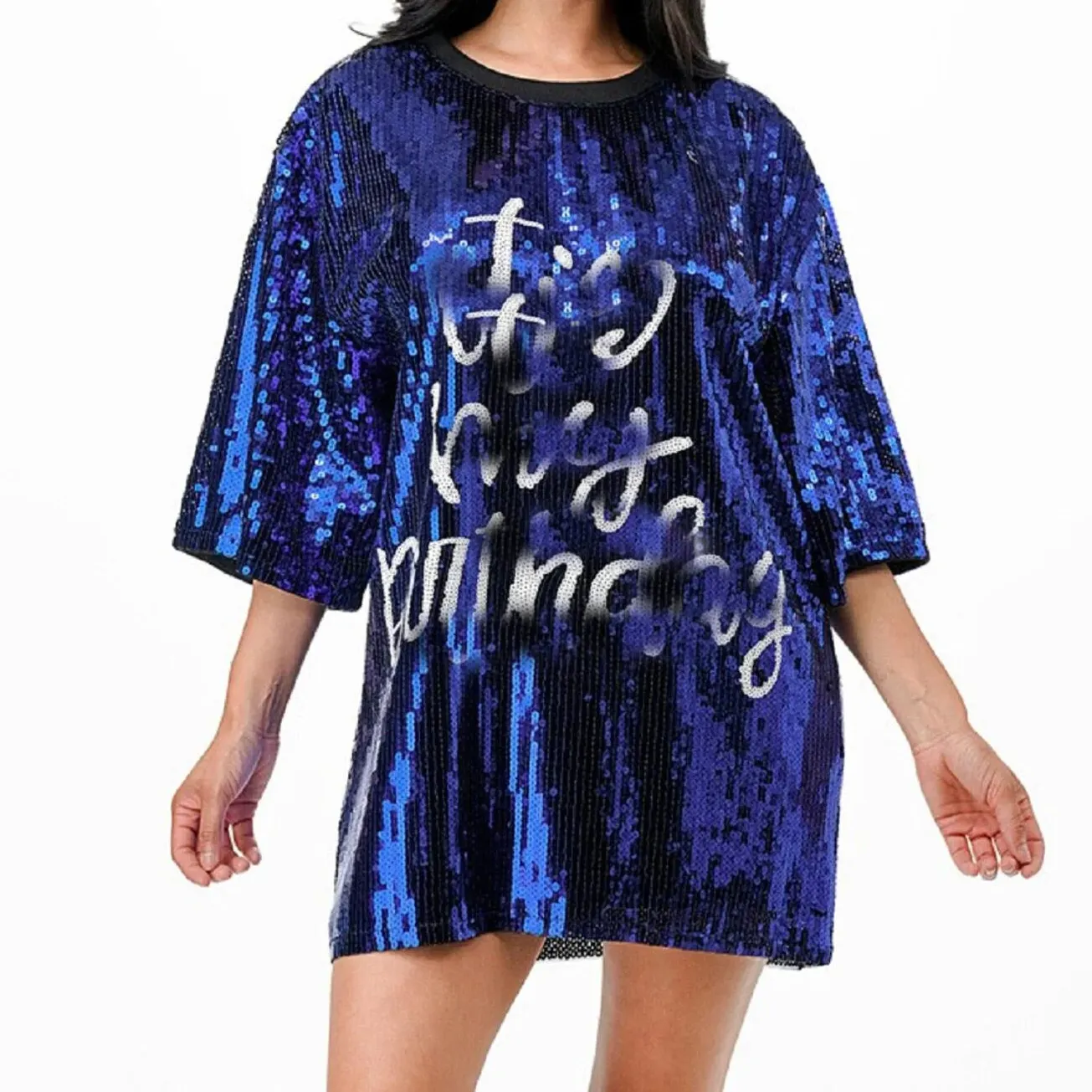 Sport game t shirt for women purple shiny sequins decoration letters half sleeve long dress round neck oversize women's t shirt