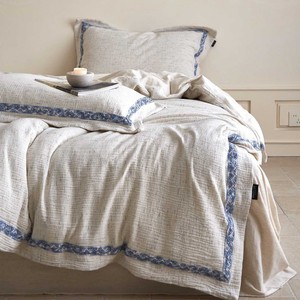 Set di Biancheria da Letto in Cotone e Lino Stile Antico, Colore Naturale, Jacquard Vegetale con Bordo Blu, Lenzuola di Lusso Delicate sulla Pelle - Product Image 4
