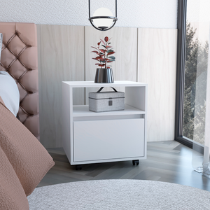 Austin Nightstand White Single <b>Drawer</b> With Casters Side Table <b>Storage</b> <b>Drawer</b> - Product Image 1