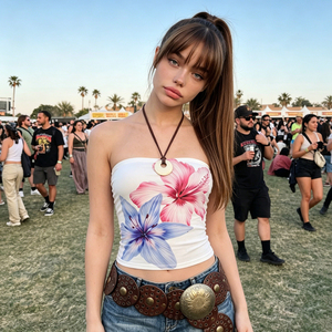 Top de punto tipo bandeau para mujer, estilo romántico floral, para festivales de música, fiestas y vacaciones, con logo frontal y decoración fruncida - Product Image 1