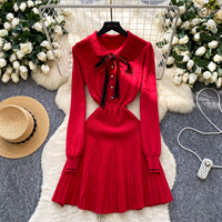 Robe élégante en tricot pour femmes, style preppy, manches longues, col Peter Pan, décoration nœud, plissée, coupe trapèze, robe décontractée pour tous les jours