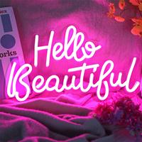 Panneau néon « Hello Gorgeous Hello Beautiful » avec design en écriture cursive, support acrylique, pour salon, photomaton, toile de fond de fête