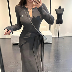 Tie Up Shawl Dress For Women V Neck Solid Color Bodycon Long Skirt Natural Waist Coffee Gray Wrap And Tie Style - Product Image 1