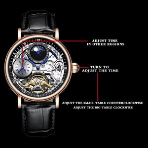 Montre mécanique automatique pour homme KINYUED, multi-fuseaux horaires, bracelet en cuir, phase de lune, étanche 3BAR, aiguilles lumineuses, vente en gros - Product Image 4
