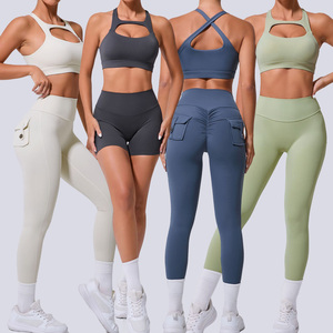 ملابس رياضية نسائية من قطعتين طقم يوجا بشعار مخصص مرن الخصر شورت قصير مع جيوب ملابس رياضية طقم نسائي - Product Image 1