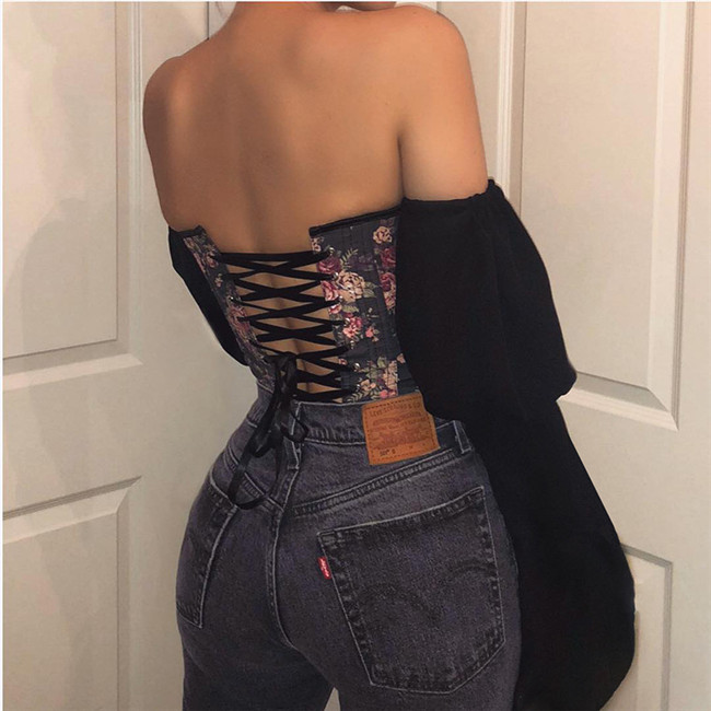 New women's long-sleeved halter strap printed denim corset top