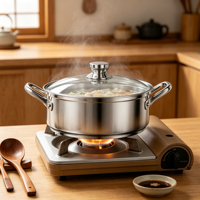 Panci Hot Pot Stainless Steel Tebal Ekstra Tanpa Lapisan, Dua Sisi, untuk Penggunaan di Rumah, Cocok untuk Kompor Induksi, Model Panci Tunggal Besar CM Tanpa Roda