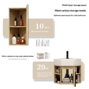 Meuble de salle de bain triangulaire en PVC couleur bois pour petit appartement, avec vasque en céramique intégrée, miroir mural inclus, meuble d'angle - Product Image 3