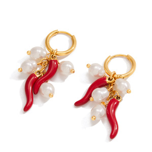 Red Chili Pearl Drop Earrings Stainless Steel Everyday Wear Jewelry for Women - Product Image 5