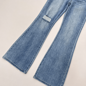 High Waisted Flare Denim Jeans, Distressed Knee Vintage Wash Bootcut <b>Pants</b> for Casual Daily Wear - Product Image 6