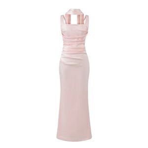 Women's <b>Satin</b> <b>Halter</b> Gown-Ruched Tie-Waist Formal Maxi Dress with a Scarf for Fashion - Product Image 3