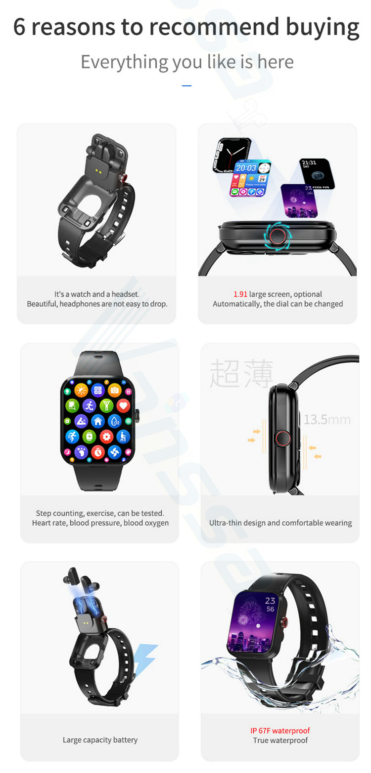 Water proof V22 with TWS wireless earphones earbuds music control BT calling smart watch waterproof
