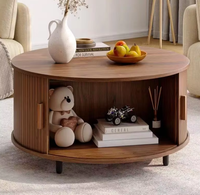 Table basse ronde moderne en bois avec porte coulissante de rangement, en noyer, pour salon, vente en gros pour appartement et hôtel