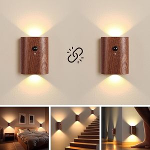 2 uds enlace inducción madera noche luces USB recargable inalámbrico LED lámpara de pared dormitorio cocina pasillo escalera Luz - Product Image 2