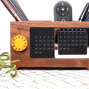 <b>Solid</b> <b>Wood</b> <b>Desk</b> Pen Holder With Calendar Office Organizer Square Shape Natural Color Multi Functional Storage Box - Product Image 3