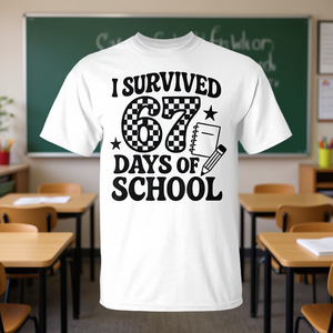 T-shirt con design a quadretti per studenti con stampa "Sono sopravvissuto a 67 giorni di scuola" - Product Image 3