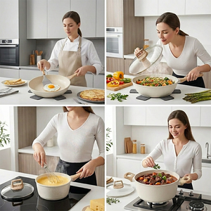 Juego de 12 piezas de utensilios de cocina antiadherentes color crema, juego de ollas y sartenes estéticas con mangos de madera, revestimiento de granito, juego de cocina - Product Image 5
