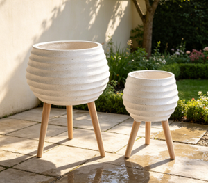 Ensemble de 2 pots de fleurs sur trépied côtelé, pot de fleurs sur pied avec pieds en bois - Product Image 5