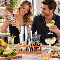 Ensemble Boston Shaker en acier inoxydable avec double récipient, support en bambou à étagère ouverte, passoire perforée et doseur – Idéal pour bar à domicile, fête ou cadeau