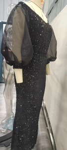 MX8098 Vestido de <span class=keywords><strong>Lentejuelas</strong></span> Negro Elegante para <span class=keywords><strong>Mujer</strong></span>, Vestido de Fiesta Sexy con Cuello en V, Hombros Descubiertos y Mangas Abullonadas, Vestidos de Noche para <span class=keywords><strong>Mujer</strong></span> 2023 - Product Image 3