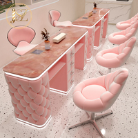 Ensemble de table et chaise de manucure de luxe avec plateau en marbre capitonné à bulles, éclairage LED et tiroirs pour salon de beauté