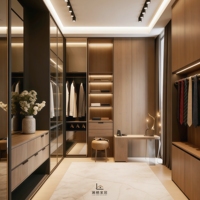 Dressing moderne minimaliste en noyer avec portes vitrées et étagères ouvertes, menuiserie sur mesure pour Sydney, Australie
