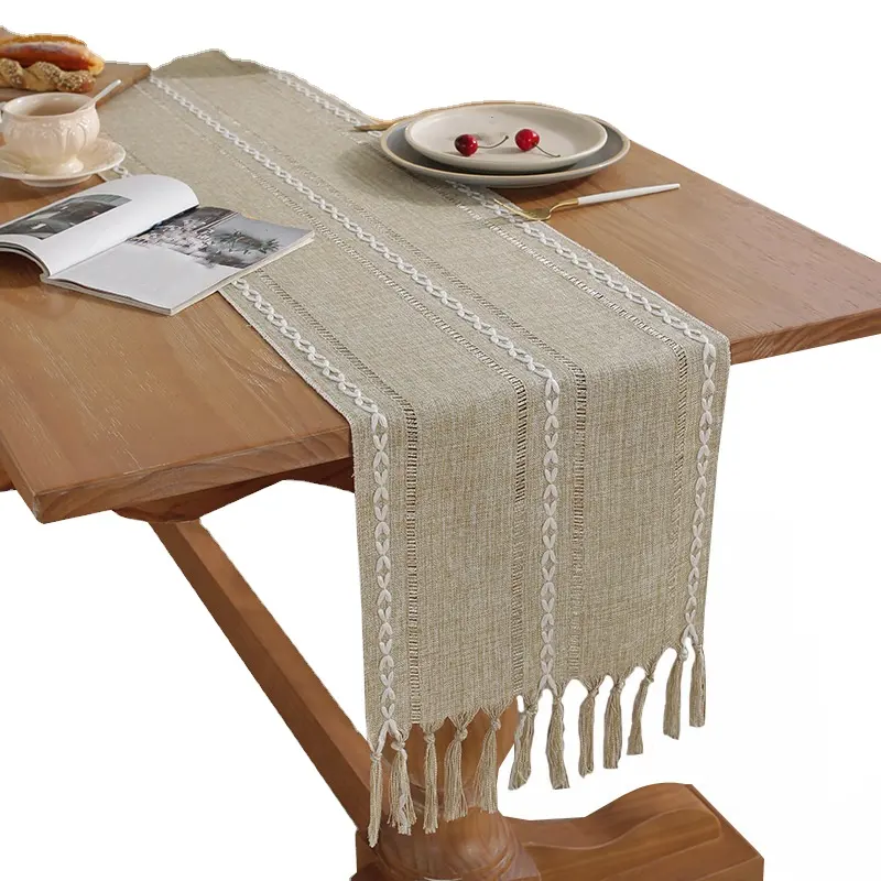 Hot selling Solid Hand-Woven Table Runner Linen Table Cloth with Hollow Tassel