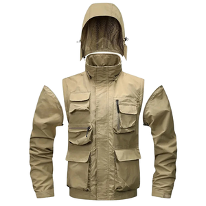 Men's Hooded Safari <b>Jacket</b> <b>With</b> Mesh Face Guard Windproof Workwear Style Beige Polyester <b>Zipper</b> Closure Multiple <b>Pockets</b> - Product Image 6