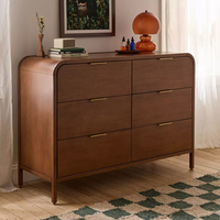 Commode à 6 tiroirs à dessus incurvé, bois foncé, poignées dorées, style rétro, meuble de rangement pour salon, prix d'usine