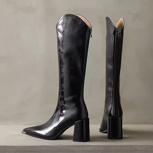 2025 Winter Women's High Heel Motorcycle <b>Booties</b> Top-Grain Leather Long Boots 8cm Square Heel Anti-Slip Rubber Sole Zip Closure - Product Image 4