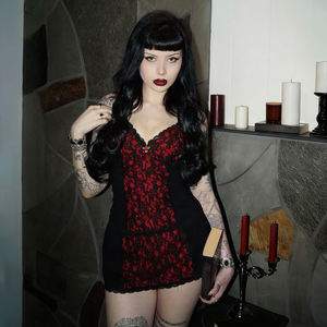 Camisola Gótica Y2K con Encaje Oscuro y Estampado Floral, Cuello en V, para Mujer, Sexy, con Contraste de Color, Tejido Elástico, Informal, Transpirable - Product Image 5