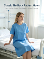 Robe d'examen médical unisexe personnalisée OEM réutilisable à manches courtes, col superposé, fermeture à nouer, liens à la taille, pour hôpital