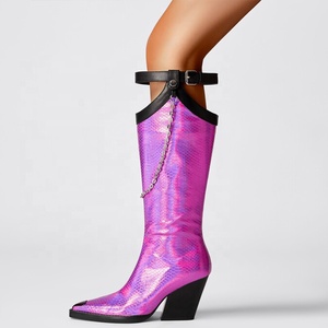 Cow Boy Western Styles Women Snake Print Knee High <b>Boots</b> Wedge Chunky Heels Metal Chain Booties Wide Feet Size 46 Shoes - Product Image 1