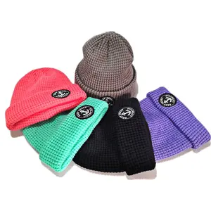 Tùy Chỉnh Dệt Vá Knit Cuff Gấp Lên Trống Acrylic Unisex Waffle Beanie Hat Skull Cap