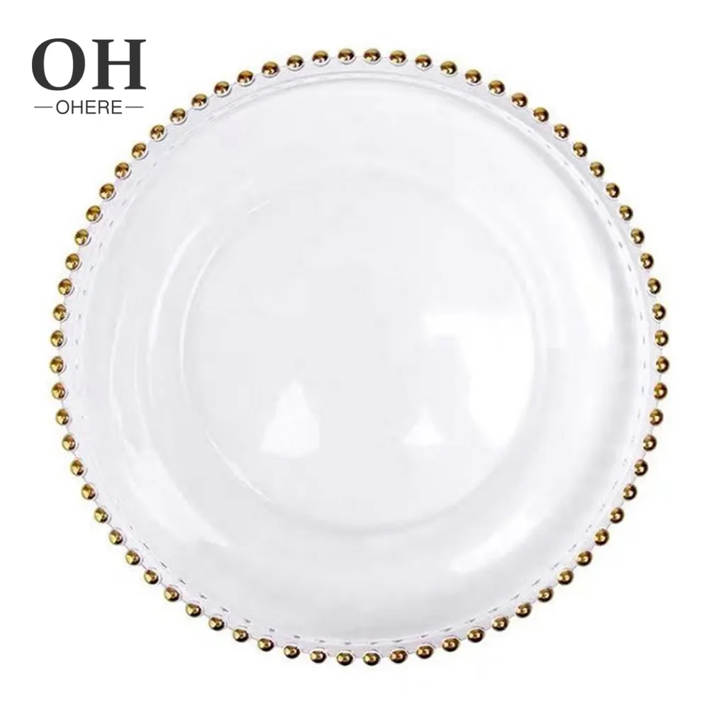Ohere transparent gold beaded charger plate wholesale 13-inch under-plate for hotel&restaurant wedding glass charger plate