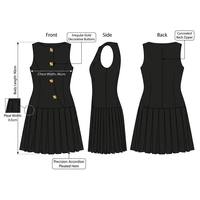 Robe élégante noire sans manches plissée unie coupe trapèze pour femme avec boutons dorés, idéale pour cocktail, soirée, mini, ajustée, OEM ODM