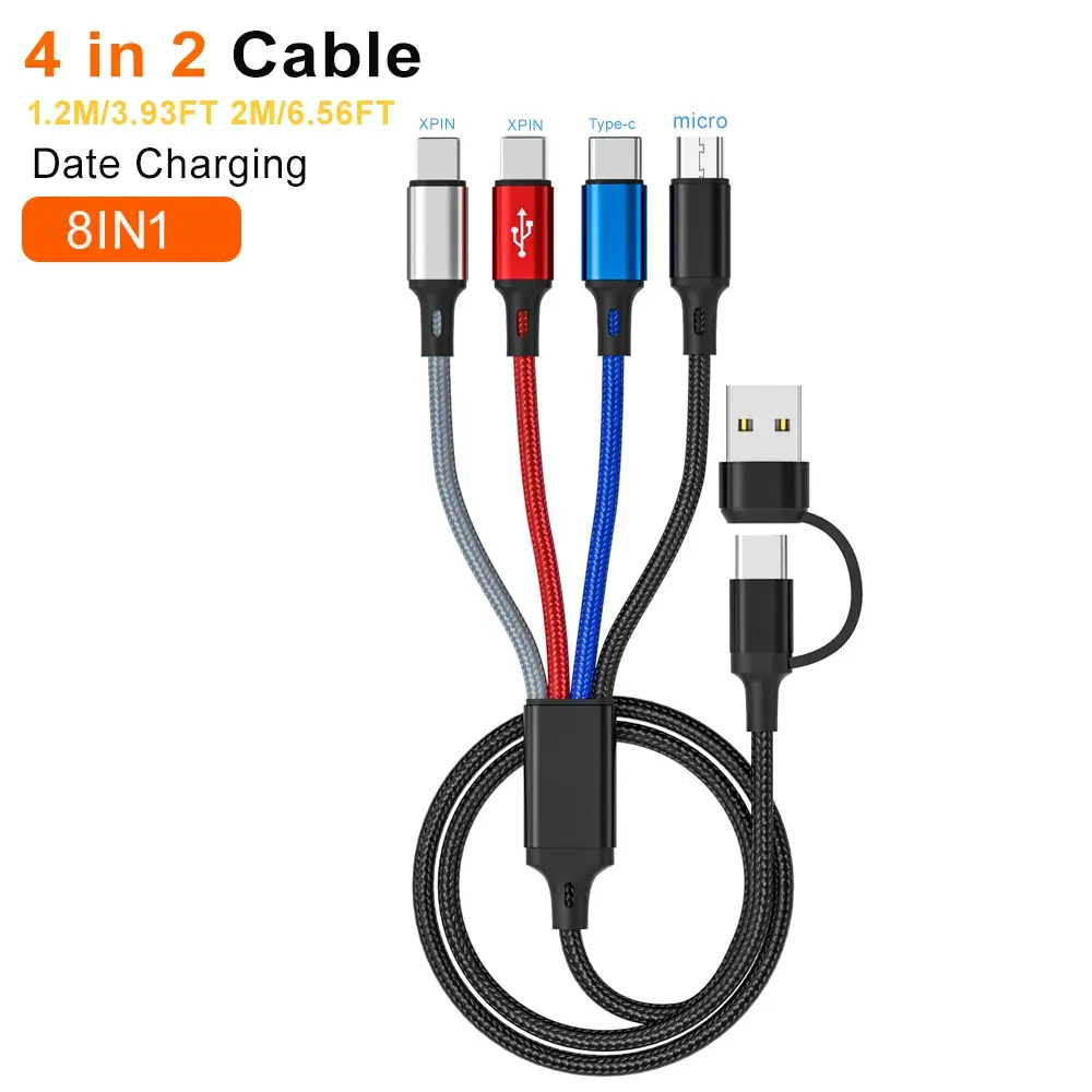 Çok şarj kablosu 8 in 1 çok şarj aleti kablosu 5.9FT örgülü çoklu USB kablo 3A evrensel çoklu telefon şarj tip-c mikro