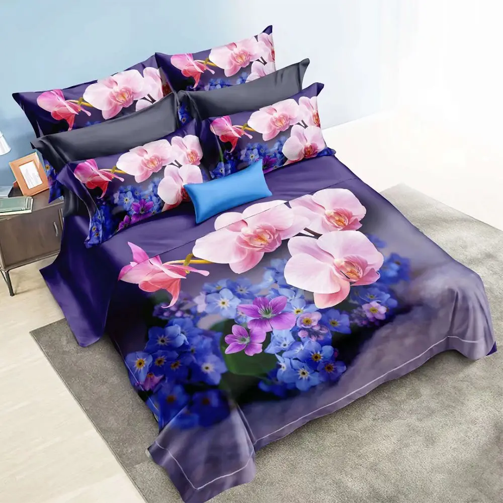 Luxury Printed 100% Polyester Floral Bed Sheets Set 4 Piece Microfiber 3D Digital Purple Pink Princess Duvet Cover Bedding Sets