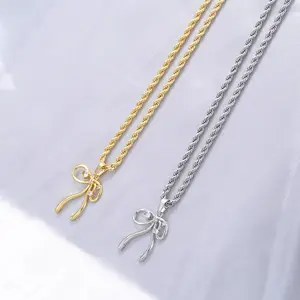 Fashion Jewelry 18k Gold Plated Bow Necklace Sweety Cubic Zirconia Bowknot Pendant Necklace for Women