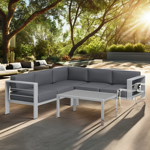 Canapé modulaire en aluminium blanc en forme <span class=keywords><strong>de</strong></span> L moderne, ensemble <span class=keywords><strong>de</strong></span> <span class=keywords><strong>salon</strong></span> <span class=keywords><strong>de</strong></span> <span class=keywords><strong>jardin</strong></span> <span class=keywords><strong>pas</strong></span> <span class=keywords><strong>cher</strong></span>, ensemble sectionnel pour patio, parc, cour, appartement, bois - Product Image 2