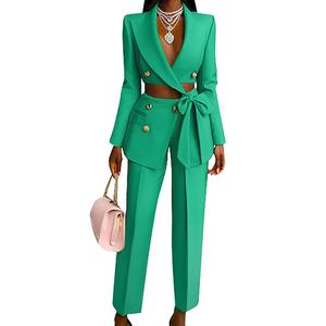 Frauen einfarbige Krawatte V-Ausschnitt Anzug Blazer Top Hose Casual Karriere 2-teiliges Set Sehe Fashion - Product Image 3