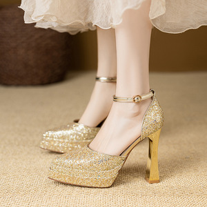 Escarpins tendance à bout pointu et bride cheville, talons épais, en cuir véritable, antidérapants, imprimés colorés, pour mariée - Product Image 3
