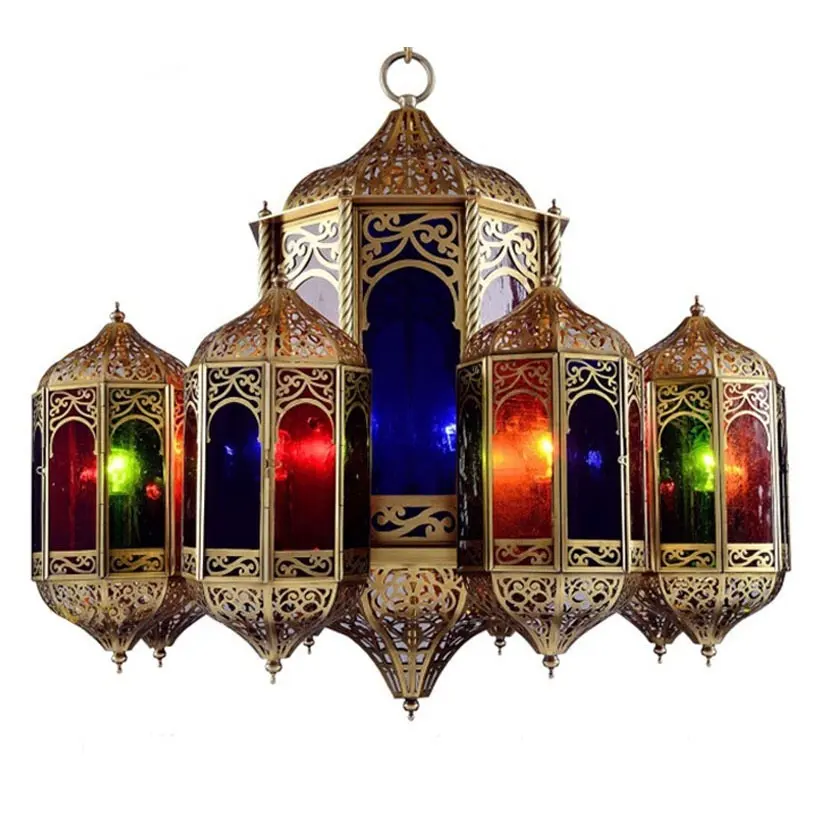 イスラム教徒の銅のシャンデリアイスラムのマスジッドペンダント照明大きなモスクアラブ工学銅ランプモロッコのカラフルな照明