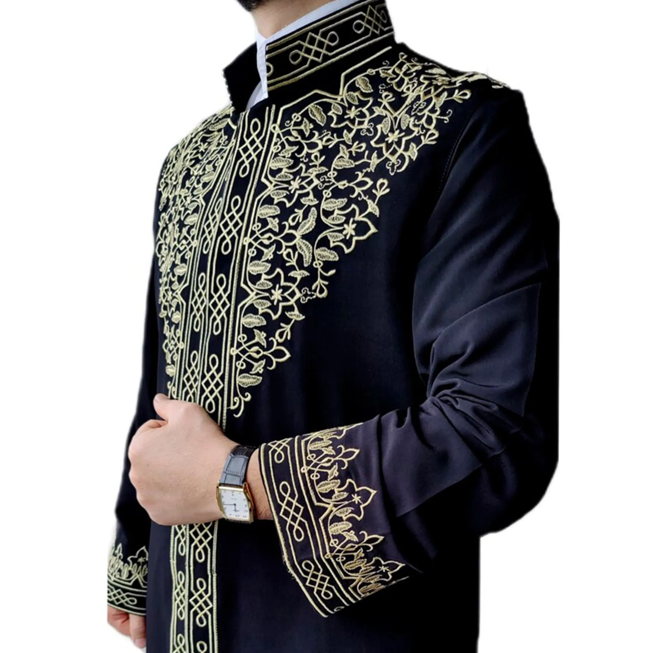 3004高品質のスタンディングカラー刺Embroideryハイグレード絶妙なファンシーイスラム教徒の男性の機会のための長い服ラヤリの祈り