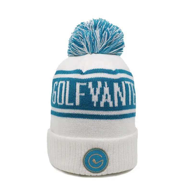 Groothandel Custom Mode Katoen Pom Pom Beanie Hoge Kwaliteit Witte Golf Beanie Warm Custom Winter Sport Beanie